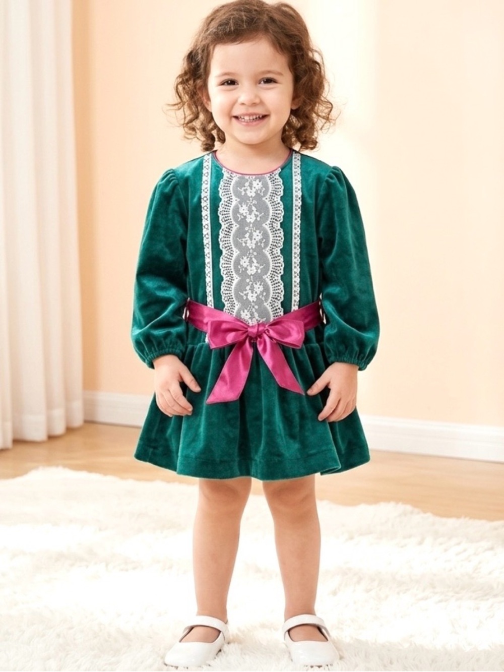 Vintage Roanna Teal Green Velvet Toddler Girls Dress 3T White Lace Pink Tie Belt